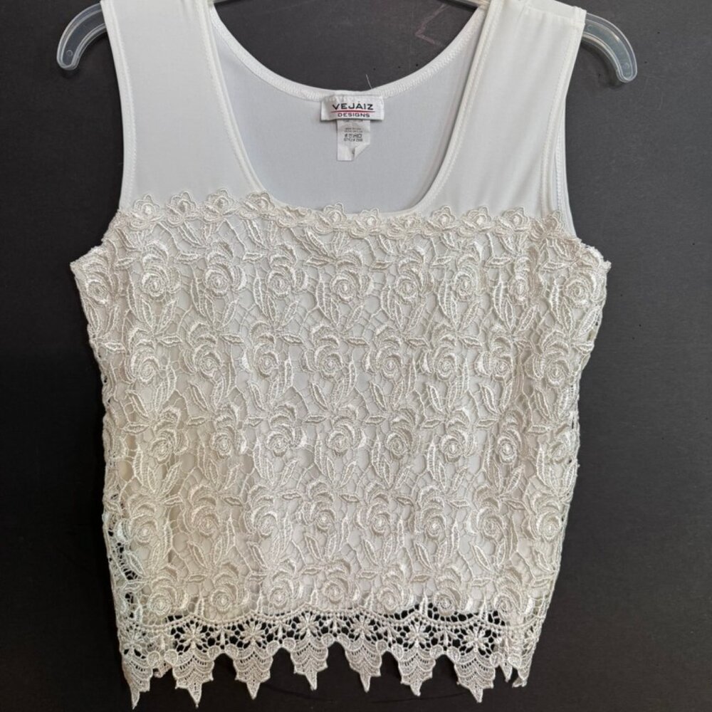 Vejaiz Designs White Lace Crochet Stretch Sleeveless Blouse/ Tank Top Sz L